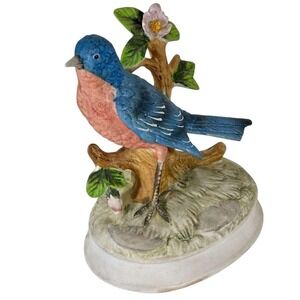 Vintage GORHAM Porcelain‎ Bisque Blue Bird Figurine Music Box Plays Blue Danube